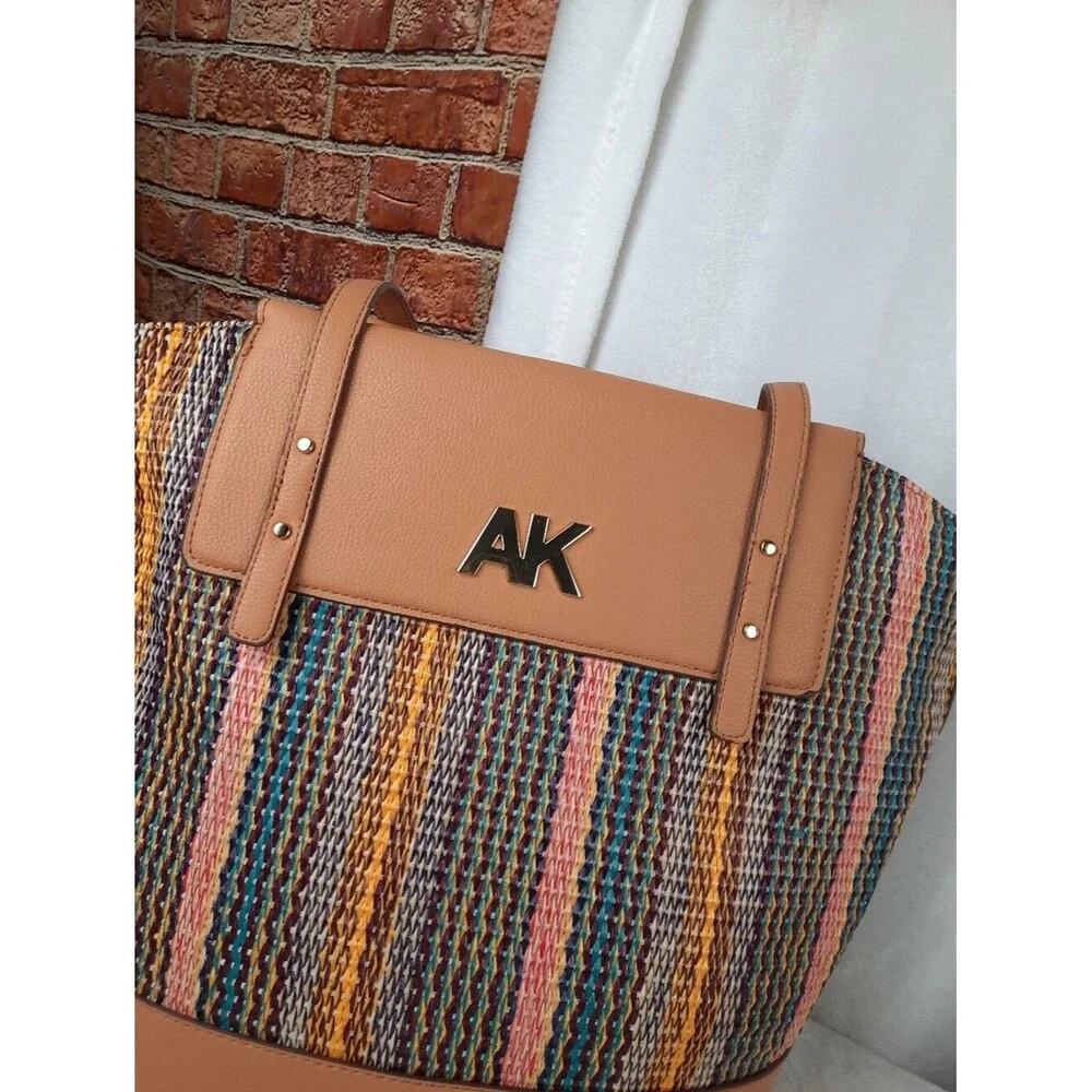 Anne Klein Straw Striped Woven Tote Bag
